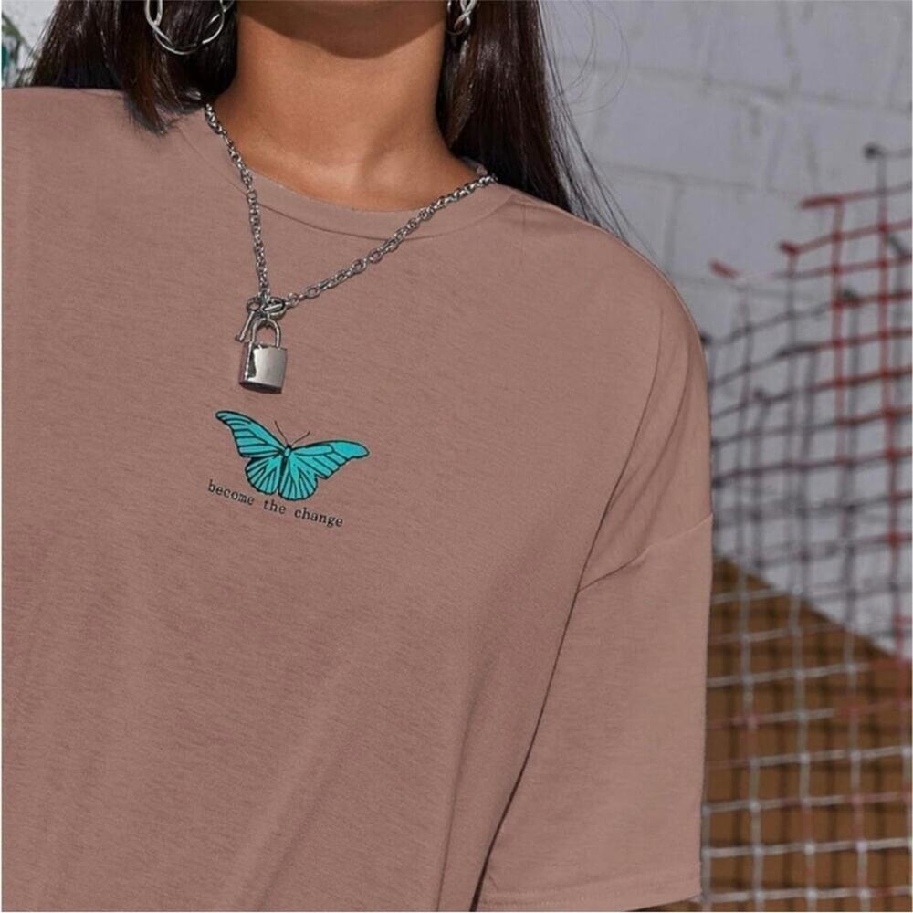 SHEIN Mauve T-Shirt with Blue Butterfly Graphic